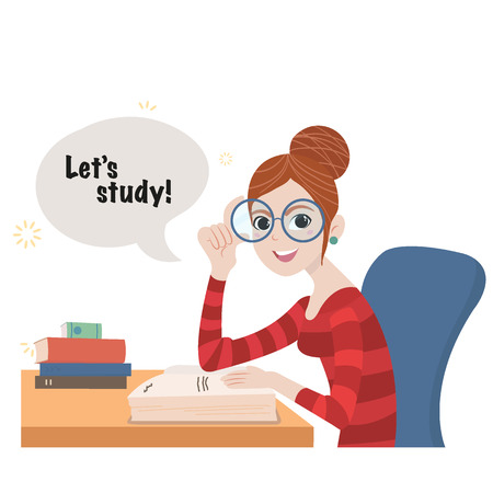 Young woman studying with some books and taking notes writing on notebook.のイラスト素材