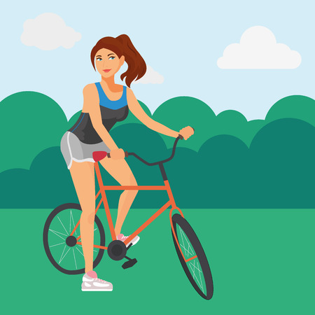 Sportive woman riding a bicycle in the park. Cyclist riding bicycle outdoors. Healthy lifestyle concept. Vector flat design illustration.のイラスト素材