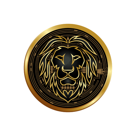 The geometric logo of a lion in a round coin. Digital style. Cryptocurrency and bitcoin lion logo.のイラスト素材