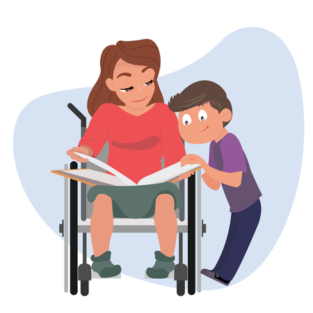 Woman in wheelchair and boy kid read and look into a book. Boy caring about his mother who is temporarily disabled and recovering.のイラスト素材