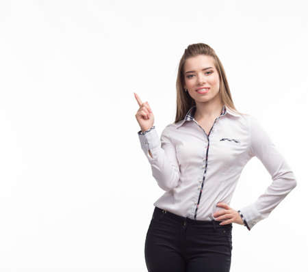 Young happy woman showing presentation, pointing on placard over