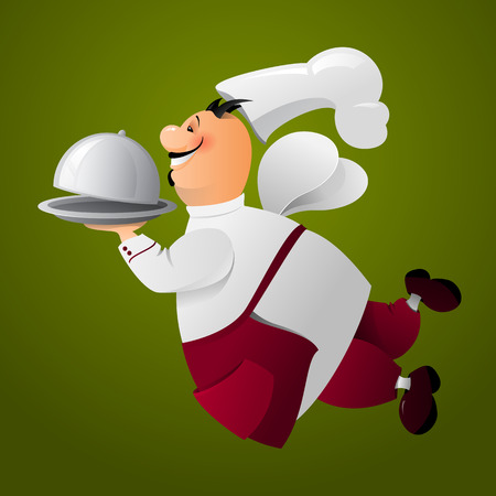 Happy smiling chef flies with a food tray. Delivery food. Vector illustration on green backgroundのイラスト素材