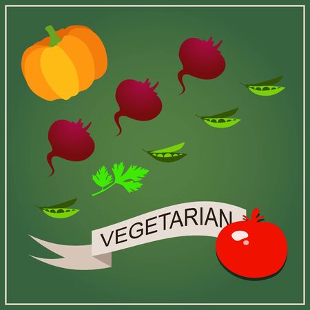 Vegetarian concept. Dietetic food and healthy lifestyle. Set of fresh, useful and delicious vegetables for proper nutrition. Pumpkin, beetroot, pea, parsley and tomato. Flat design vector Illustration on a green backgroundのイラスト素材