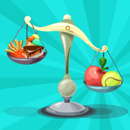 The choice between healthy food and fast food. The scales show the right wayのイラスト素材