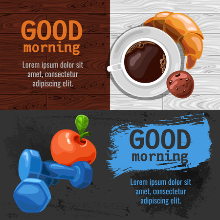 Good morning poster. A good day start with cup of coffee and croissant. Healthy breakfast and fitnessのイラスト素材