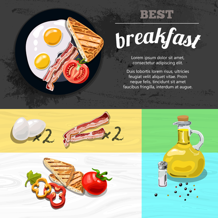 Fried eggs best breakfast. How to cook the best quick breakfast. Ingredients for fried eggs. Eggs, bacon, toastのイラスト素材