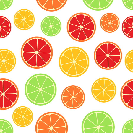 Citrus seamless pattern. Green, red and yellow citrus slices on whit background. Fruit collection. Vector background EPS 8.のイラスト素材
