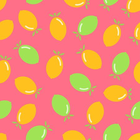 Citrus seamless pattern. Lemon and lime on pink background. Fruit collection. Vector background EPS 8.のイラスト素材