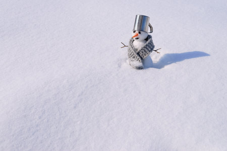 Snowman with carrot nose, and coal eyes/mouth on snowy fieldの写真素材