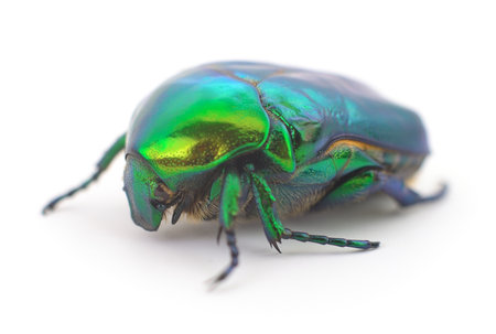 Green iridescent beetle isolated on white background.