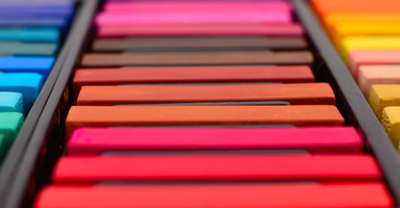 Colored crayons of soft pastels in box.の写真素材