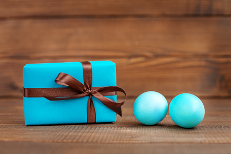 Blue Eggs and to present a wooden background. Place for inscription. Concept Happy Easter.の写真素材