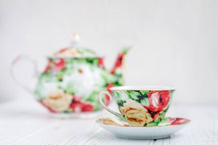 Tea set on a white table. The concept of beverages and home.の写真素材