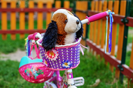 Pink bicycle with basket and dog. The concept of kids and lifestyle.preschoolの写真素材