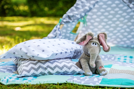 Wigwam and toys for little children in the park. The concept of lifestyle and decor.