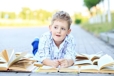 Little pensive boy studying textbooks. The concept is back to school, education, reading, hobbies...