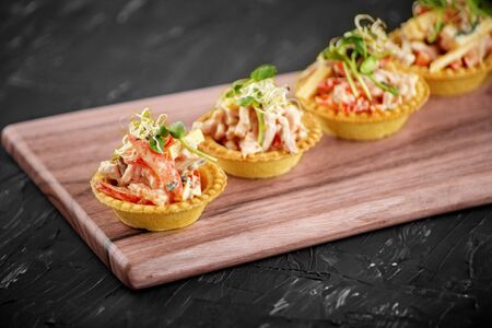 Tasty hearty appetizers with meat and vegetables and microgreen. Concept of food, restaurant, catering, menu.の写真素材