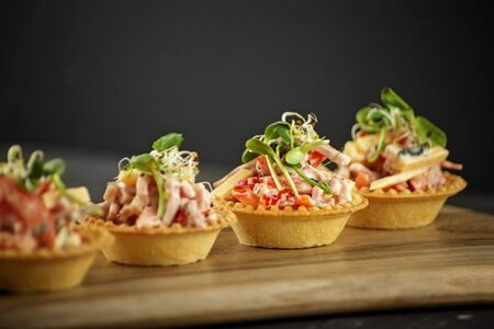 Set of tasty snacks with meat and vegetables and microgreen on the kitchen board. Concept of food, restaurant, catering, menu.の写真素材