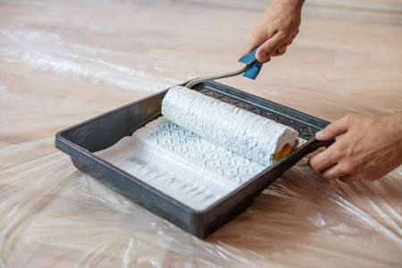 Close up of paint roller in tray. Closeup view of paint tray filled with white paint. Tools for the painter and redecorationの写真素材