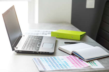 Business technologies. Office writing desk with laptop. Creative design. Design elements.の写真素材
