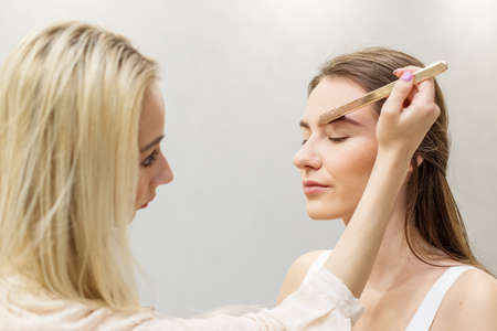 Makeup artist makes makeup to a girl. Eyebrow comb. Close-up.の写真素材