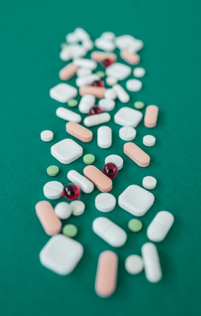Many different pills on green background. Copy space. Top view. Concept of pharmaceuticals, medicine and healthcare. Verticalの写真素材