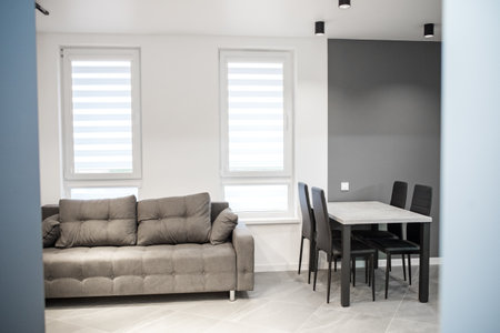 interior of modern room with chairs, sofa and furniture