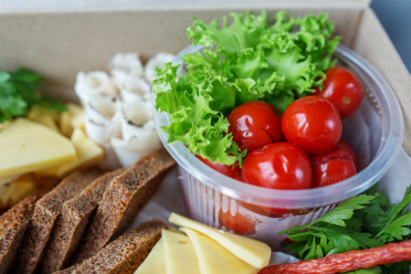 Mix of marinated tomatoes, lettuce and cheese and bread. Delicious snacks close-up. Boxing for delivery.の写真素材