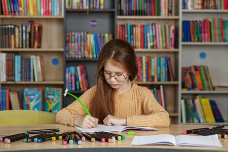Pupil learning in school. Girl writes in copybook and does homework while sitting in library. Back to schoolの写真素材
