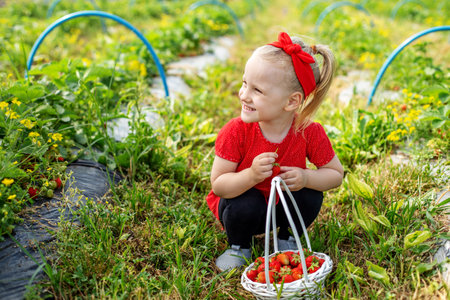 Little kid girl picking strawberry on self-picking farm. Harvesting concept. Red clothes. Tasty berries. Pick-Your-Own farmの写真素材