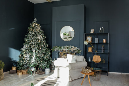 Interior of living room with christmas decorations and christmas tree. Merry Christmas and Happy...