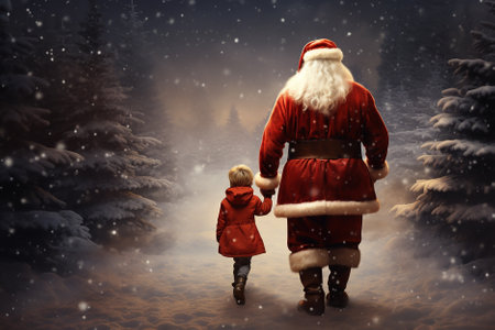 Generative AI. Santa walks with a little boy outdoors. Christmas holiday concept.の素材