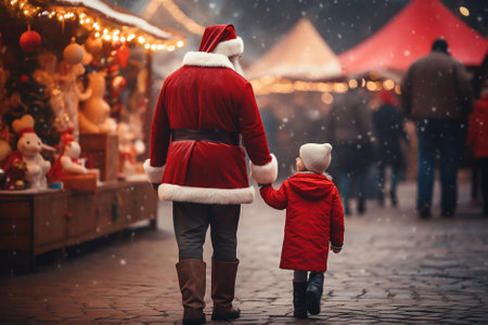 Generative AI. Santa walks with little boy at winter festival. Christmas holiday concept.の素材