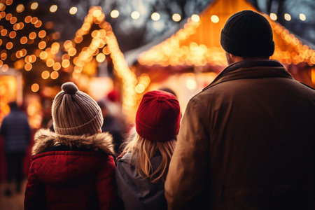 Generative AI. Family spends time at traditional Christmas market on winter evening.の素材