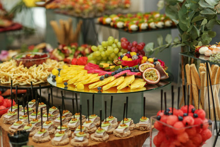 Catering buffet table with snacks and appetizers. Set of varios fruits and berries. Decorative vase. Wedding eventの写真素材