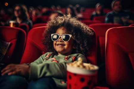 African american child watching movie in cinema with popcorn.の素材