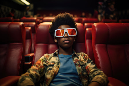 Young audience enjoying 3D movie in theater. African american teenager wearing 3D glasses watching movie in cinemaの素材