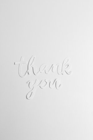 Minimalist thank you message crafted in stylish cursive font isolated on clean white backdrop.