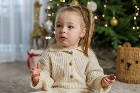 A young child, dressed in a warm sweater, sits thoughtfully on the floor, holding a chocolate snack, surrounded by festive decorations in a seasonal setting.の写真素材