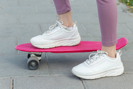Close-up of a person wearing white sneakers riding a bright pink skateboard on a paved sidewalk in an urban outdoor setting.の写真素材