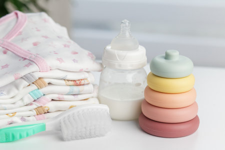Stack of folded baby clothes, feeding bottle with milk, colorful stacking toy and soft hairbrush...