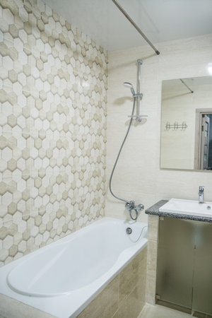 Compact contemporary bathroom featuring a white bathtub, handheld shower, and decorative beige...