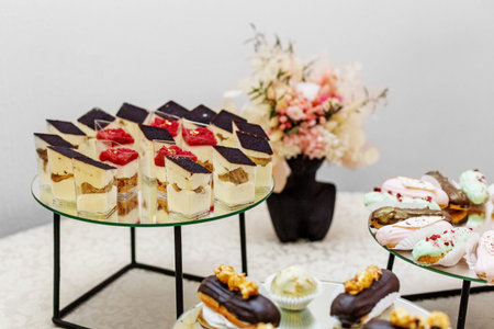 Elegant dessert table with assorted pastries including tiramisu cups, chocolate eclairs and colorful...