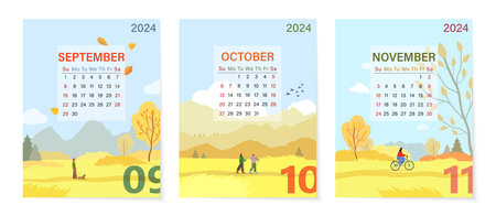 Calendar of autumn months for 2024. Set for 3 months with an autumn landscape in the mountains.のイラスト素材