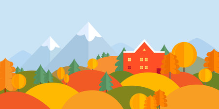 Autumn landscape with trees, houses and mountains in paper cut style. Bright vector banner.のイラスト素材