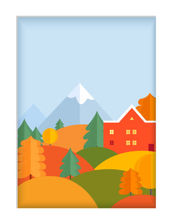 Autumn landscape with trees, houses and mountains in paper cut style. Bright vector card.のイラスト素材