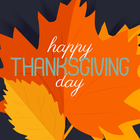 Happy Thanksgiving lettering with autumn leaves on a dark background. Vector card.のイラスト素材