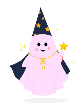 Pink ghost magician in cape and hat isolated on white background. Vector illustration.のイラスト素材