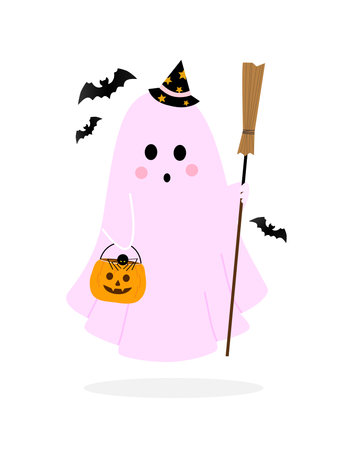Pink ghost with a broom and in a hat isolated on a white background. Vector illustration.のイラスト素材