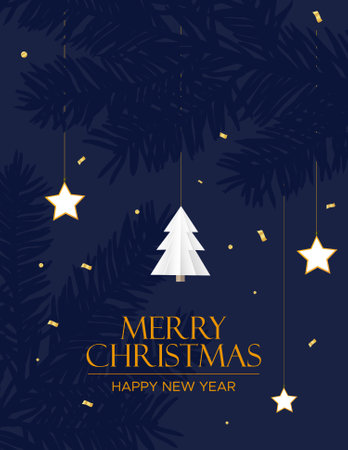 Blue spruce branch with Christmas toy in paper cut style. Merry Christmas and Happy New Year card. Vector illustration.のイラスト素材